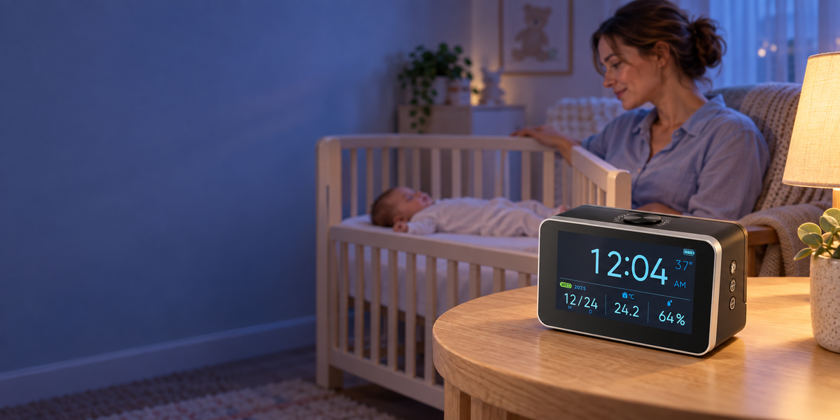 A parent beside a baby cot at dusk, with the BESTEK monitor on a separate table outside the cot
