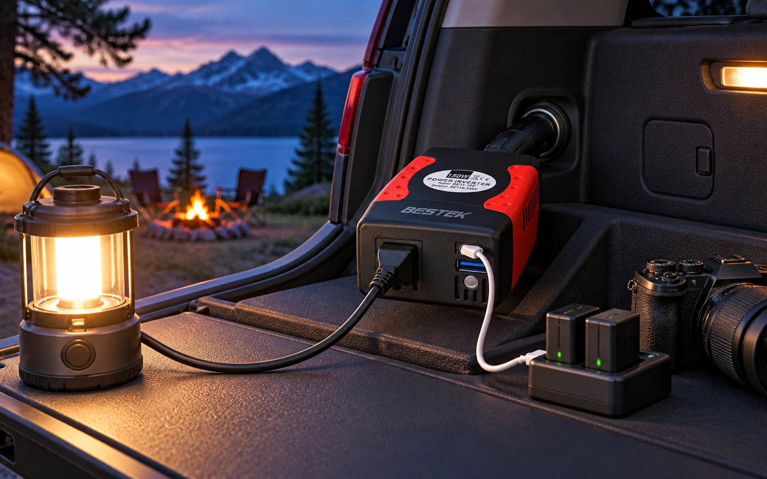 BESTEK 150W Power Inverter 12V to 110V with PD30W QC18W Dual USB Ports in a third product-specific use setting