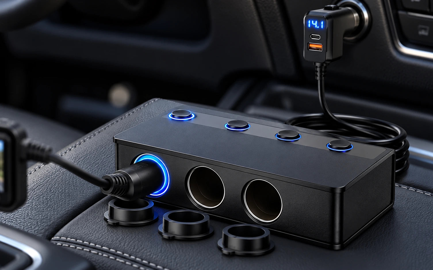 BESTEK 180W Cigarette Lighter Splitter with 65W USB-C PD, Black construction and protection detail