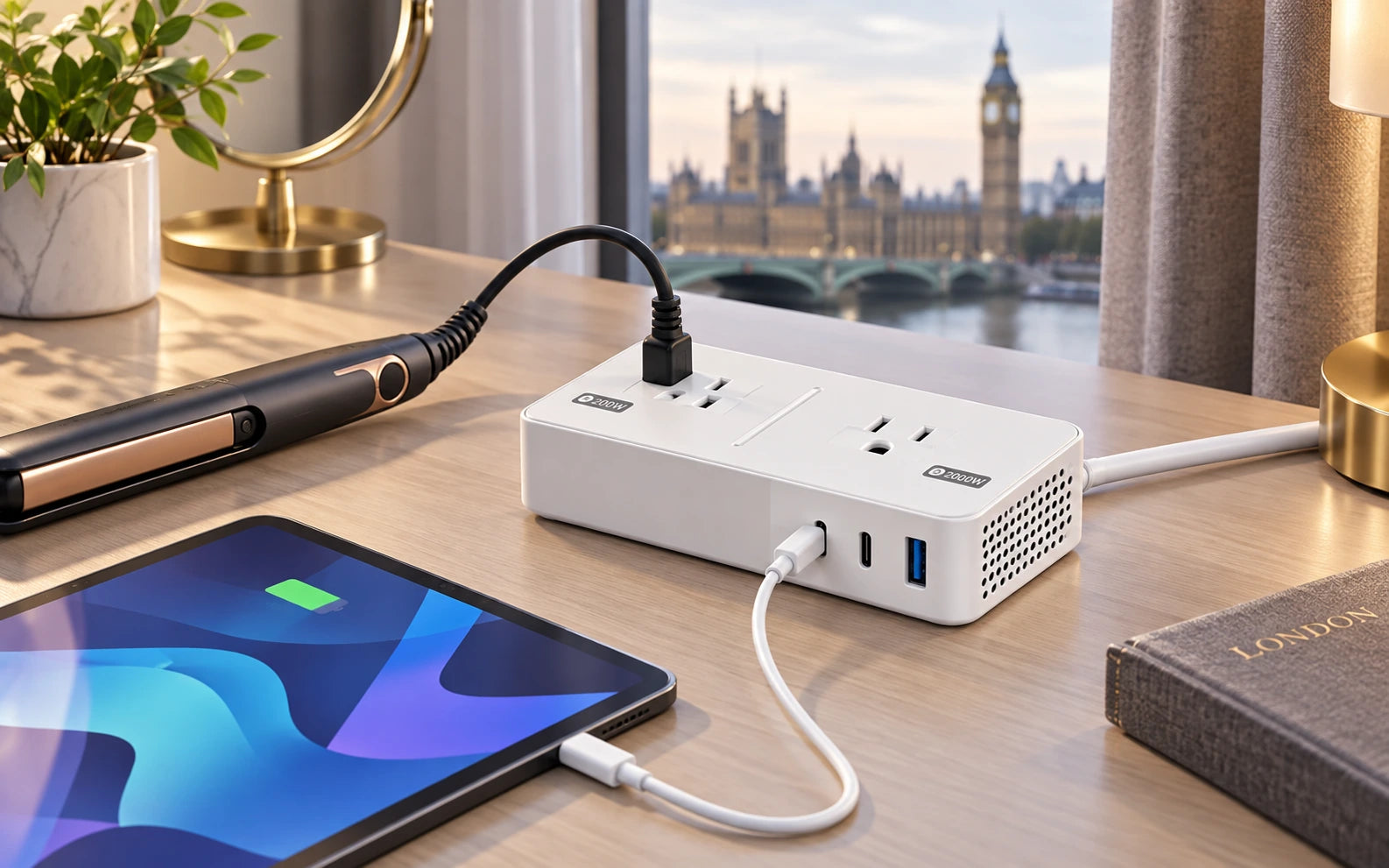 BESTEK 2000W Travel Voltage Converter with 2 AC Outlets and 3 USB Ports in a second product-specific use setting