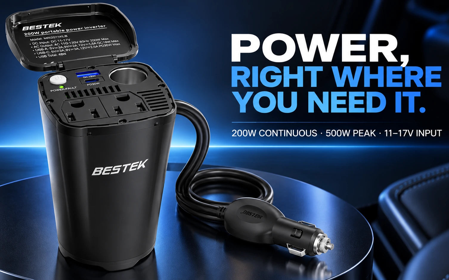 BESTEK 200W Power Inverter 12V DC to 110V AC with PD30W USB-C QC18W detail overview