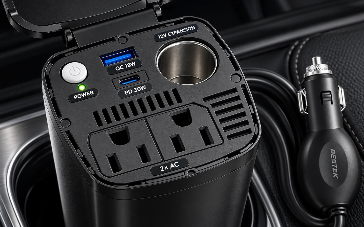 BESTEK 200W Power Inverter 12V DC to 110V AC with PD30W USB-C QC18W controls and connections