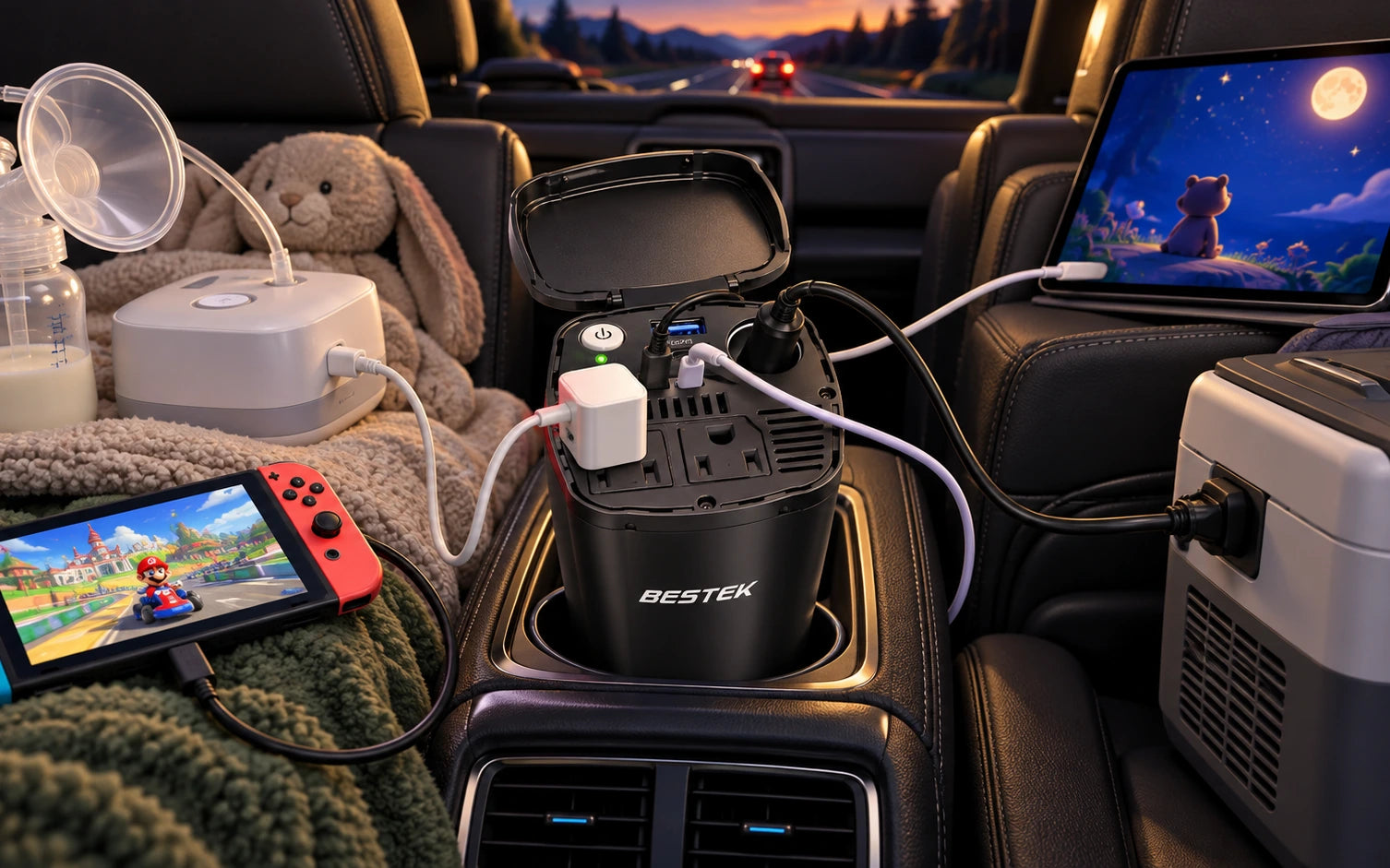 BESTEK 200W Power Inverter 12V DC to 110V AC with PD30W USB-C QC18W in a second product-specific use setting