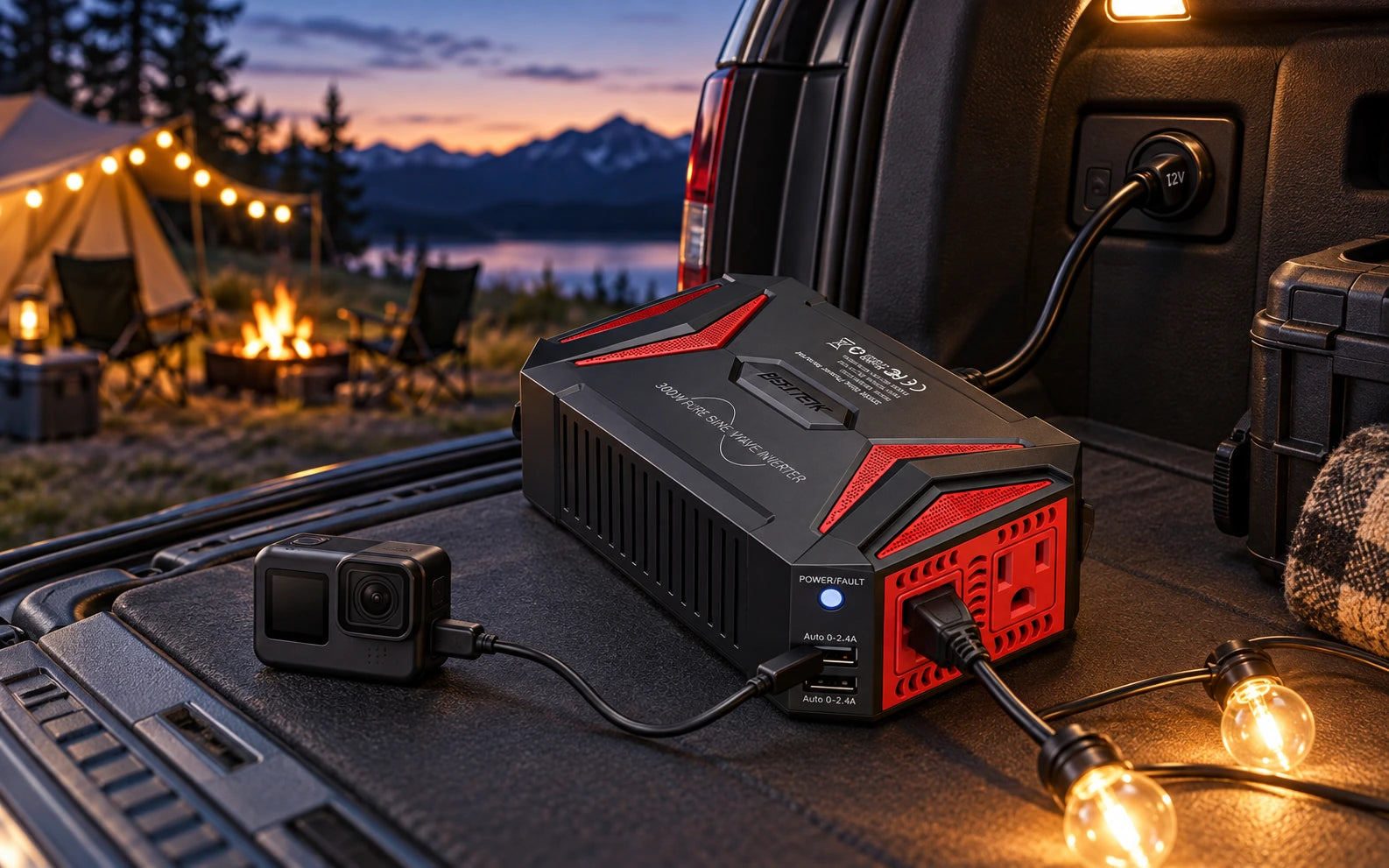 BESTEK 300W Pure Sine Wave with 4.2A 2 USB Power Inverter in a third product-specific use setting