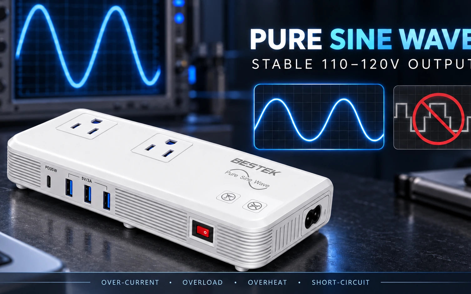 BESTEK 200W Pure Sine Wave Travel Adapter Voltage Converter construction and protection detail