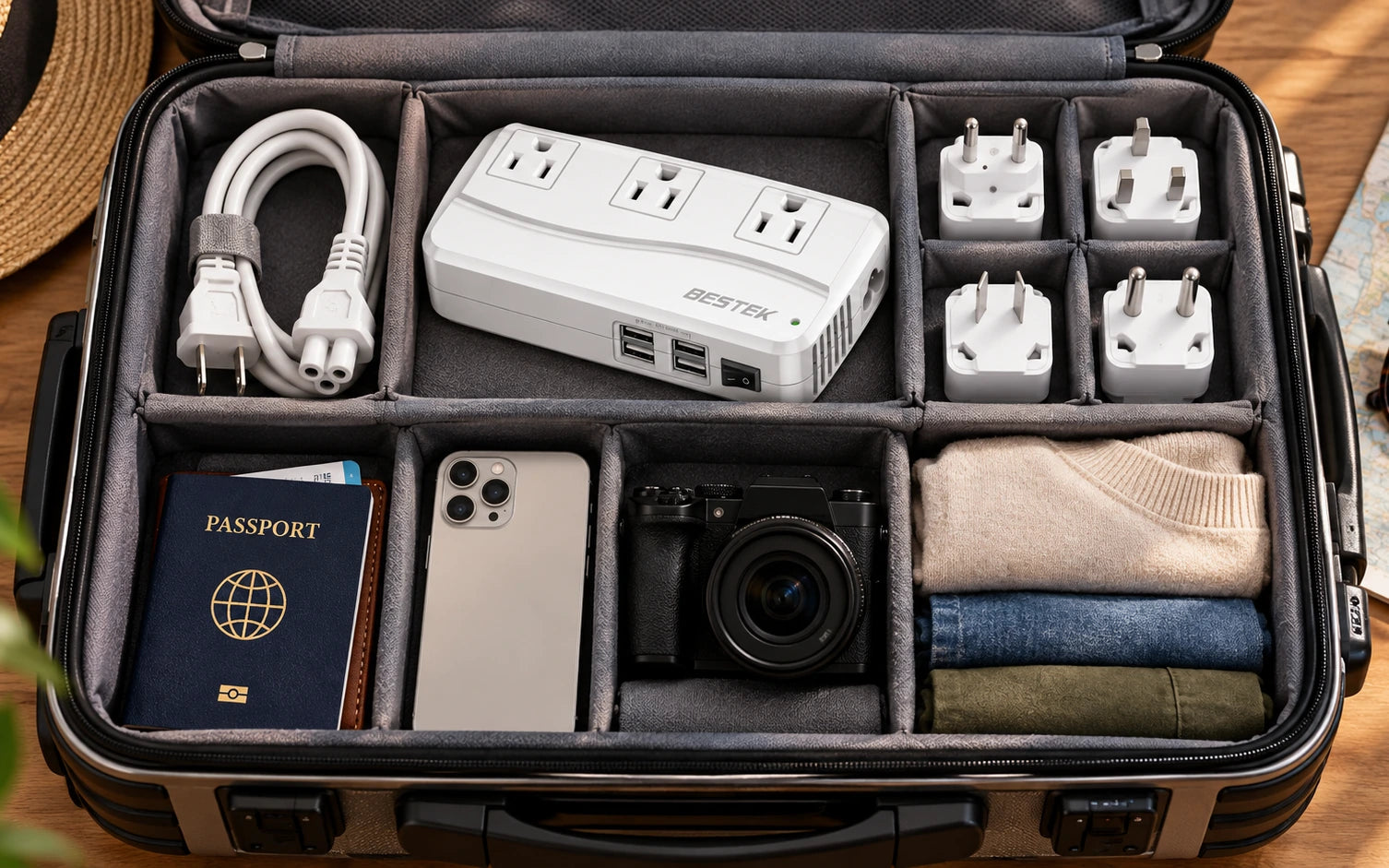 BESTEK Universal Travel Adapter and Voltage Converter with 4 USB Ports in a third product-specific use setting
