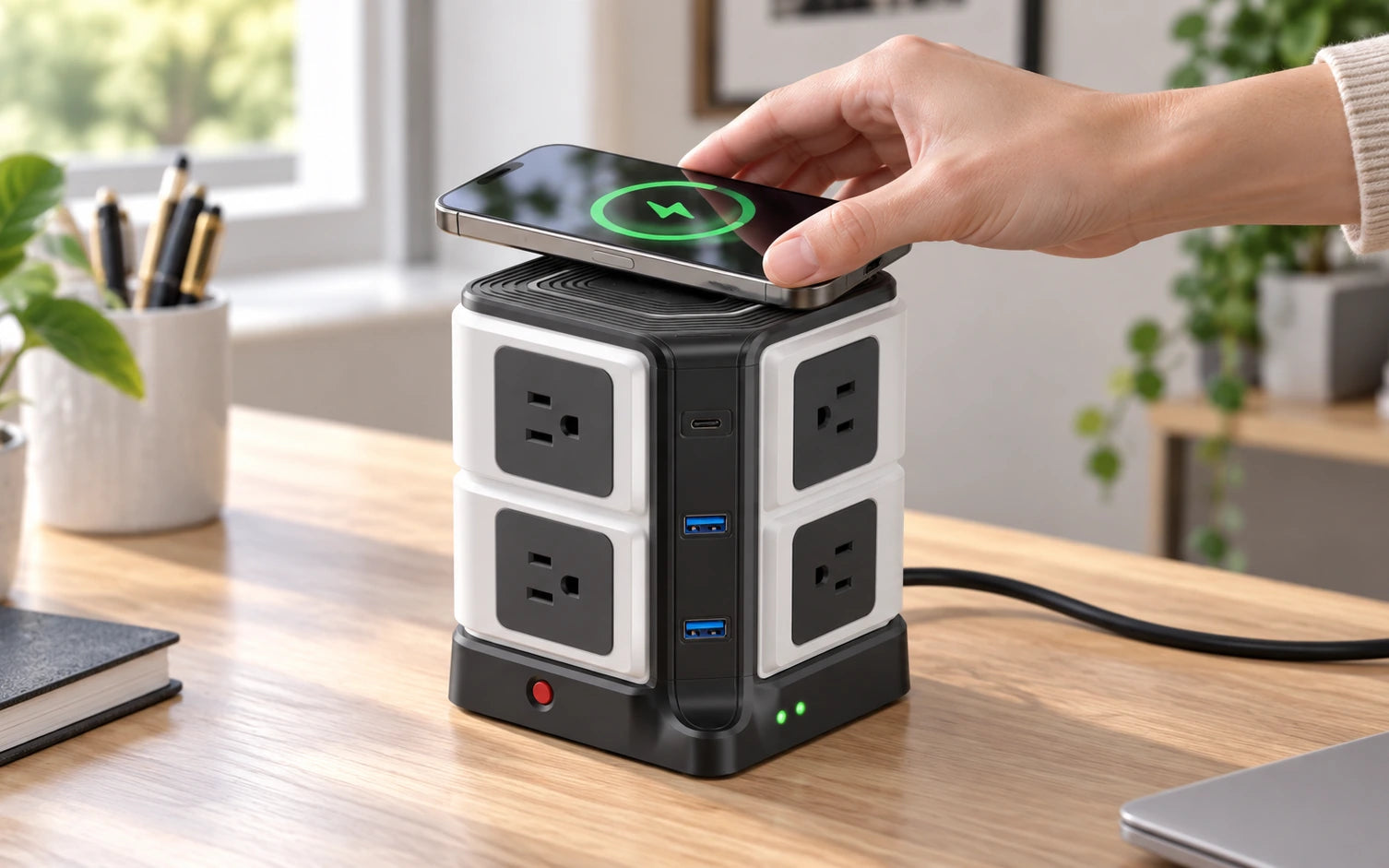 BESTEK Wireless Charger Desktop Power Strip with 8 Outlets and 3 USB Ports in a third product-specific use setting