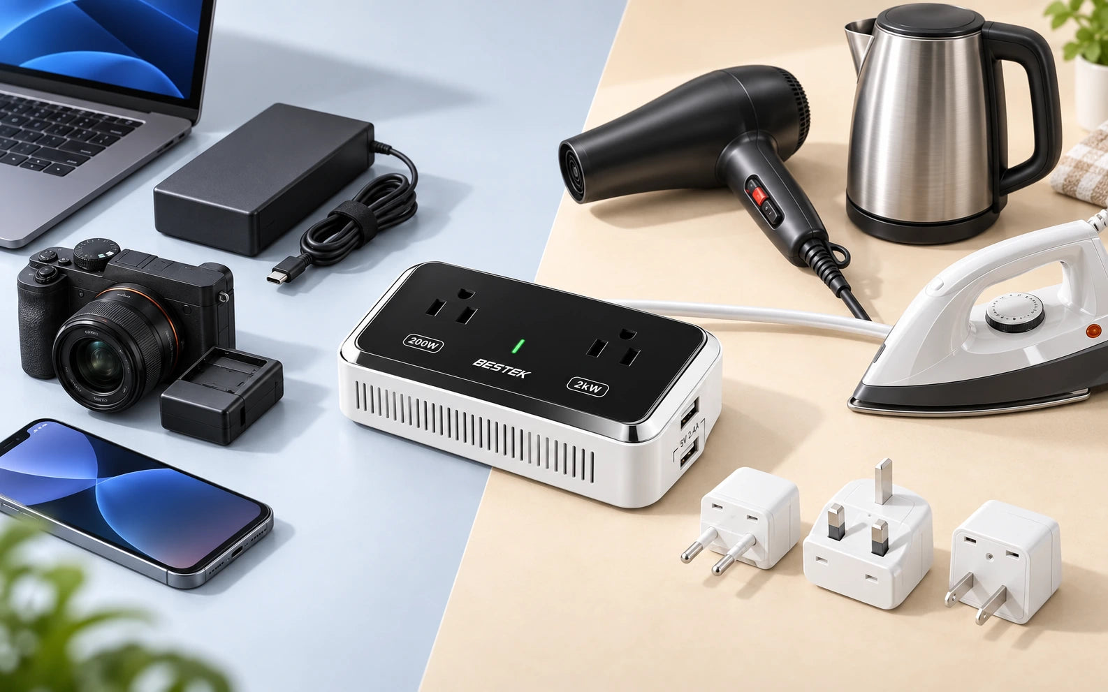 BESTEK 2000W Travel Voltage Converter with 2 USB Ports, White construction and protection detail