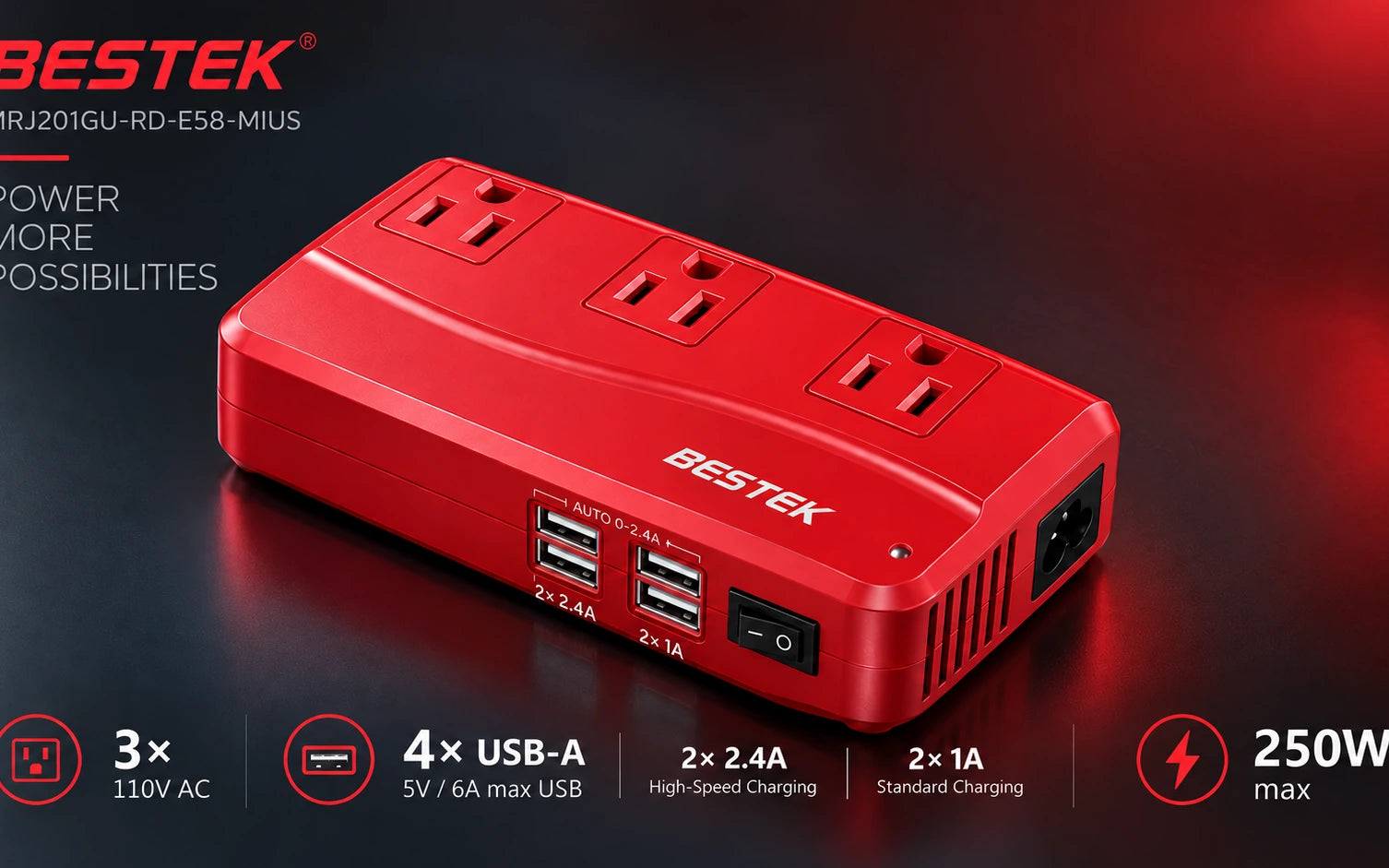 BESTEK 250W International Power Adapter and Voltage Converter, Red controls and connections