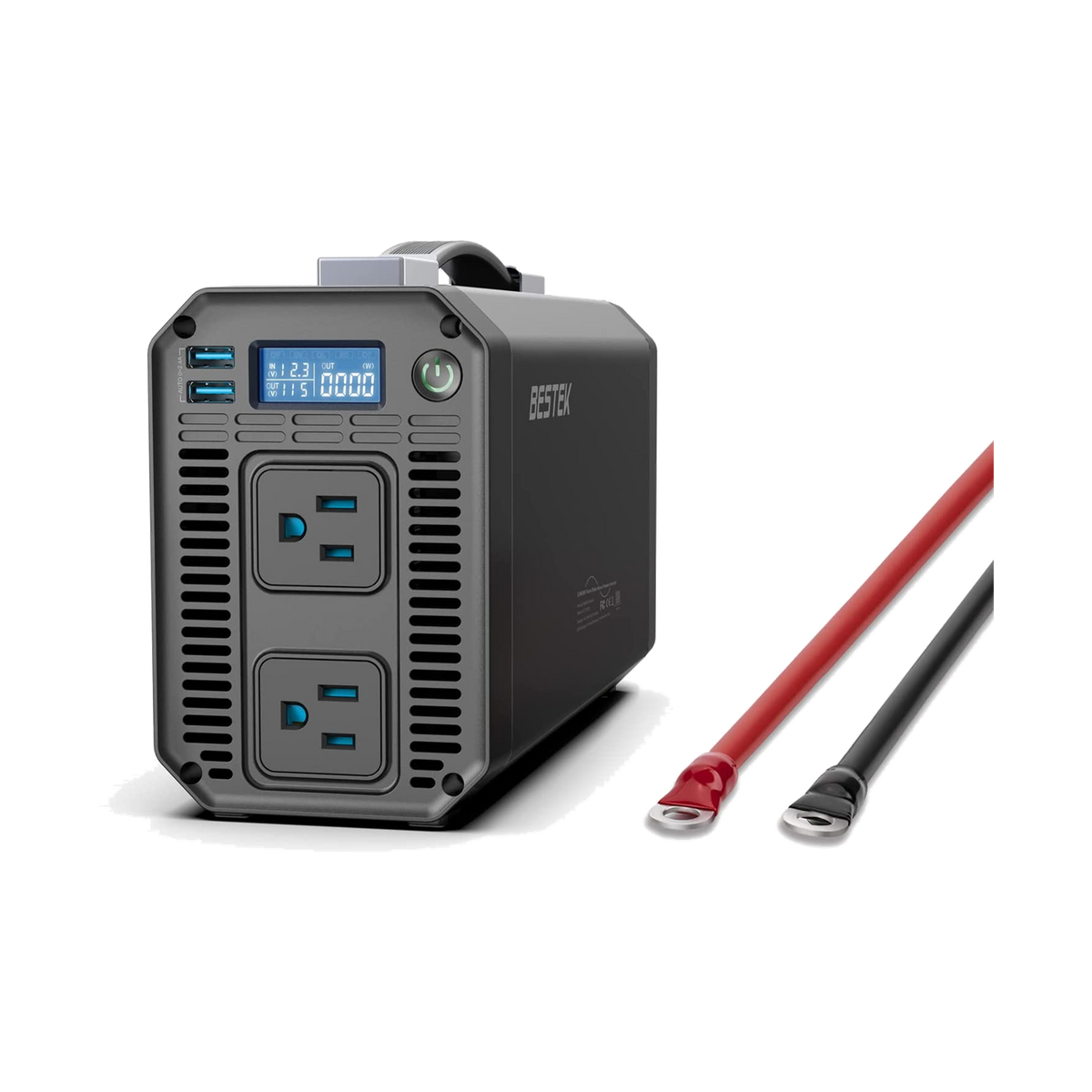 Gray BESTEK pure sine wave inverter with carrying handle, digital display and battery leads