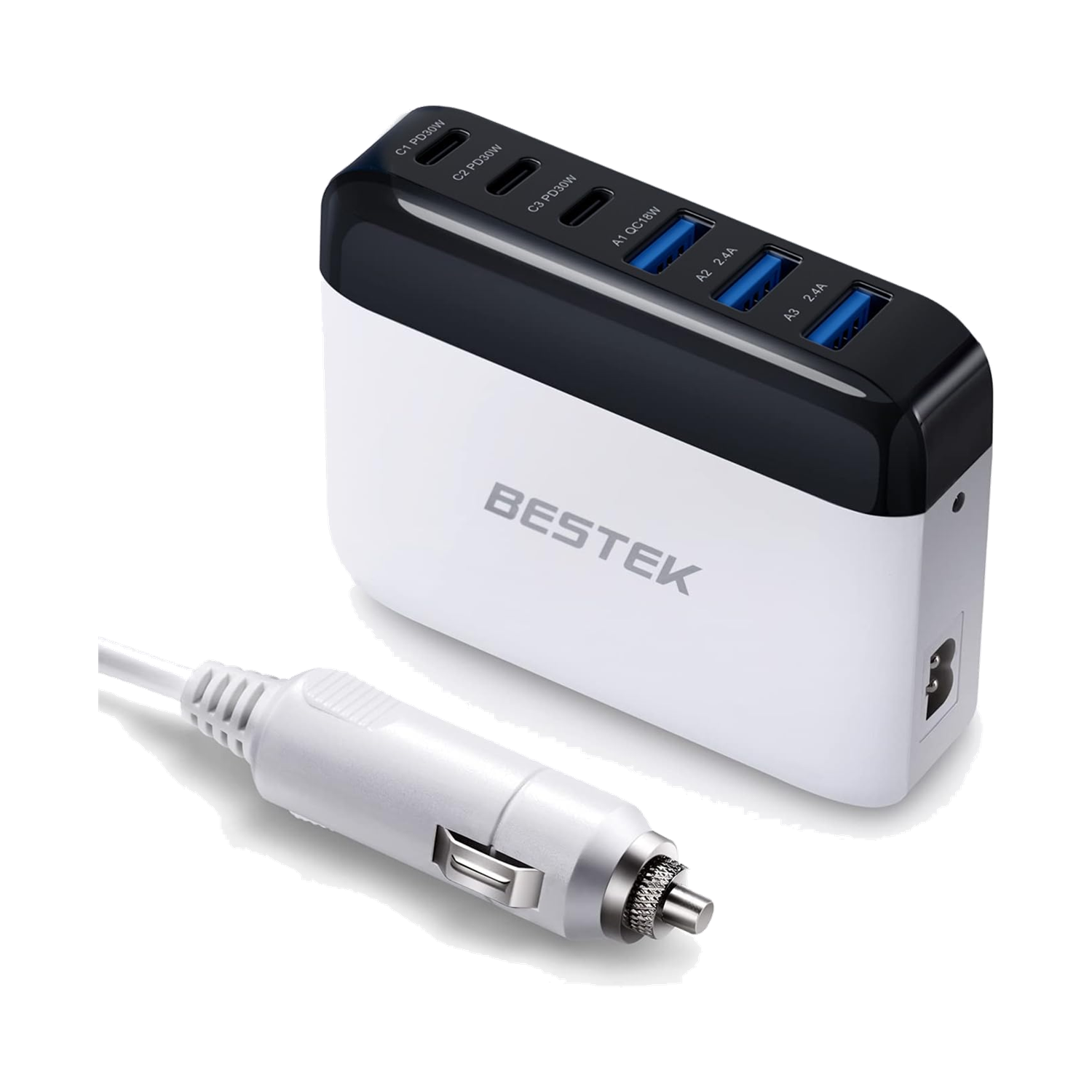White and black BESTEK 125W multi-port USB car charger beside its vehicle power plug