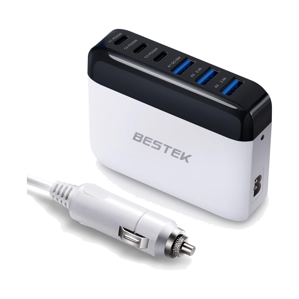 White and black BESTEK 125W multi-port USB car charger beside its vehicle power plug