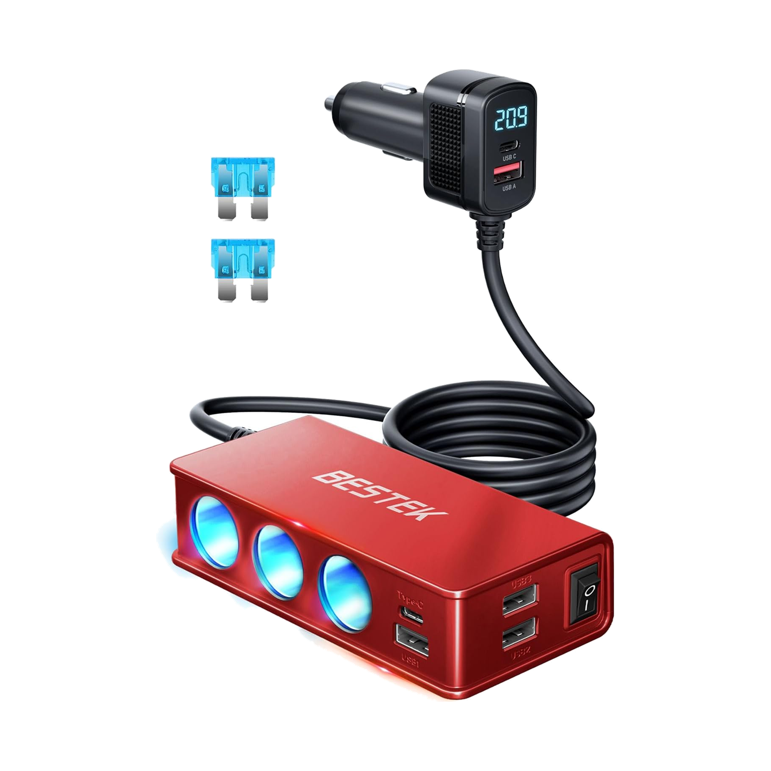 Red BESTEK 148W three-socket car splitter with USB ports and digital display plug