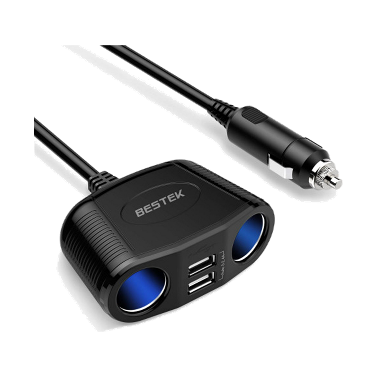 Black BESTEK two-socket cigarette-lighter splitter with USB ports and vehicle power plug