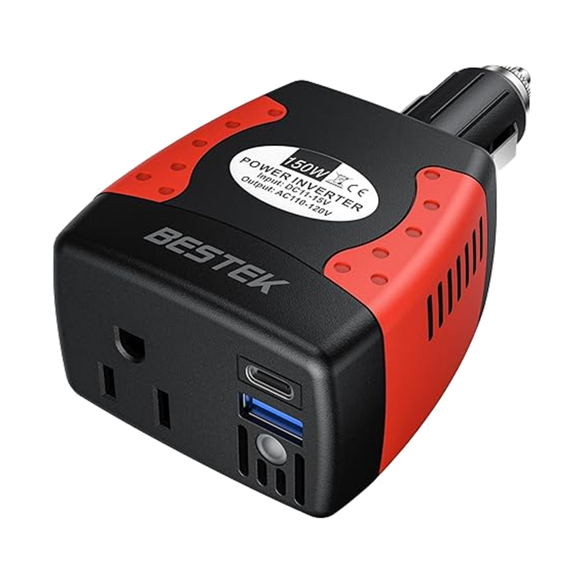 Red and black BESTEK 150W plug-in inverter with USB-C and USB-A charging ports