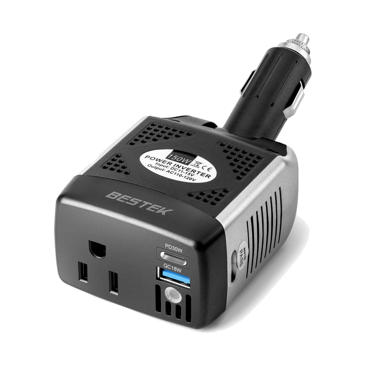 Gray BESTEK 150W plug-in car inverter with an AC outlet and USB charging ports