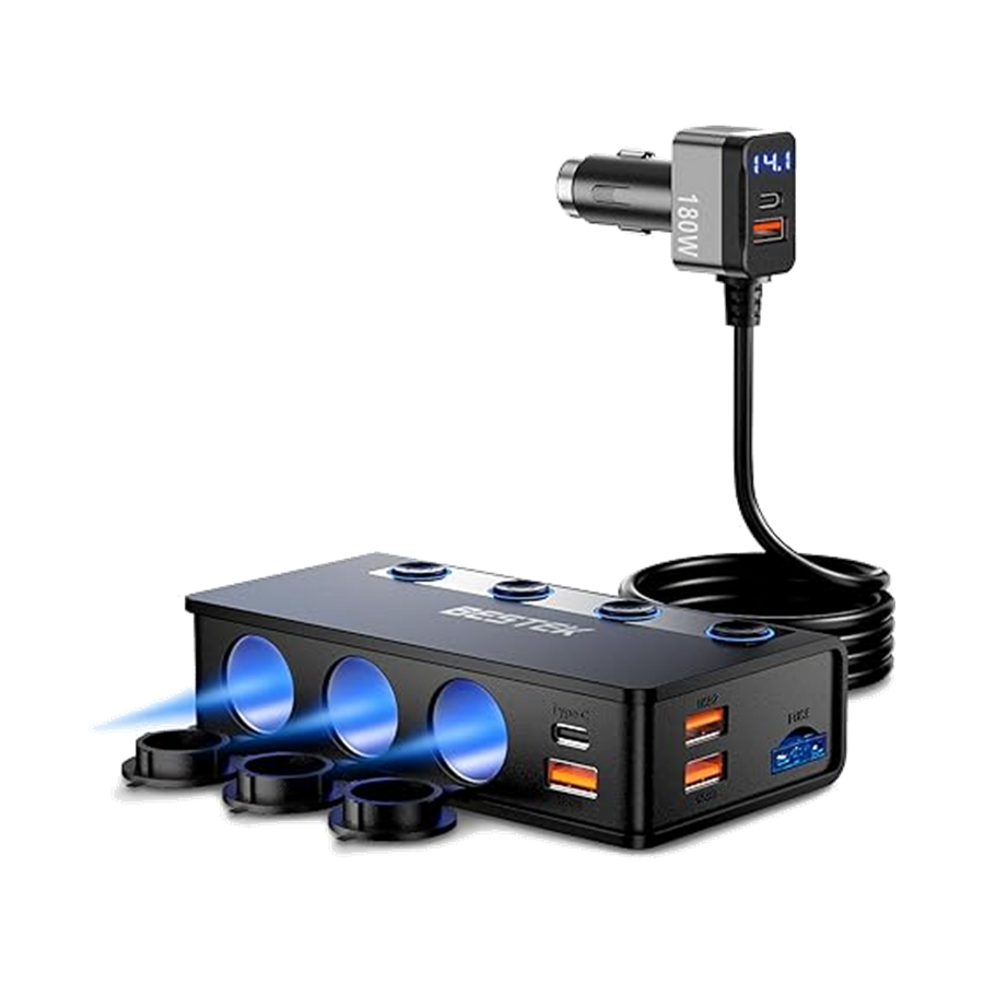 BESTEK 180W Cigarette Lighter Splitter with 65W USB-C PD, Black