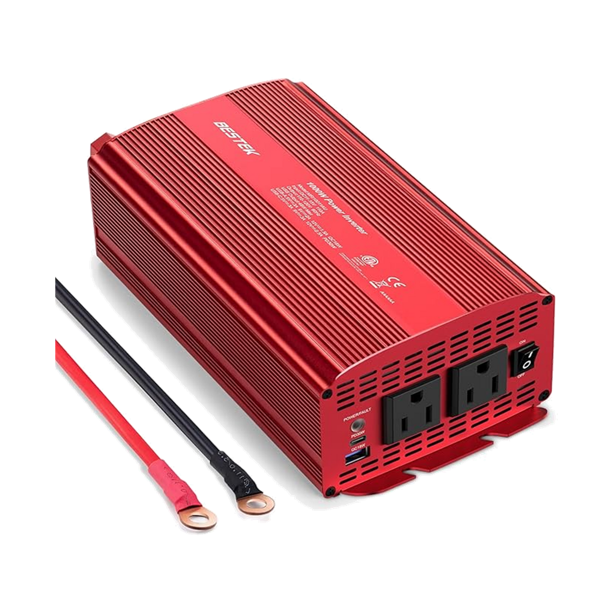 Red BESTEK 1000W inverter with two AC outlets, USB ports and battery connection leads