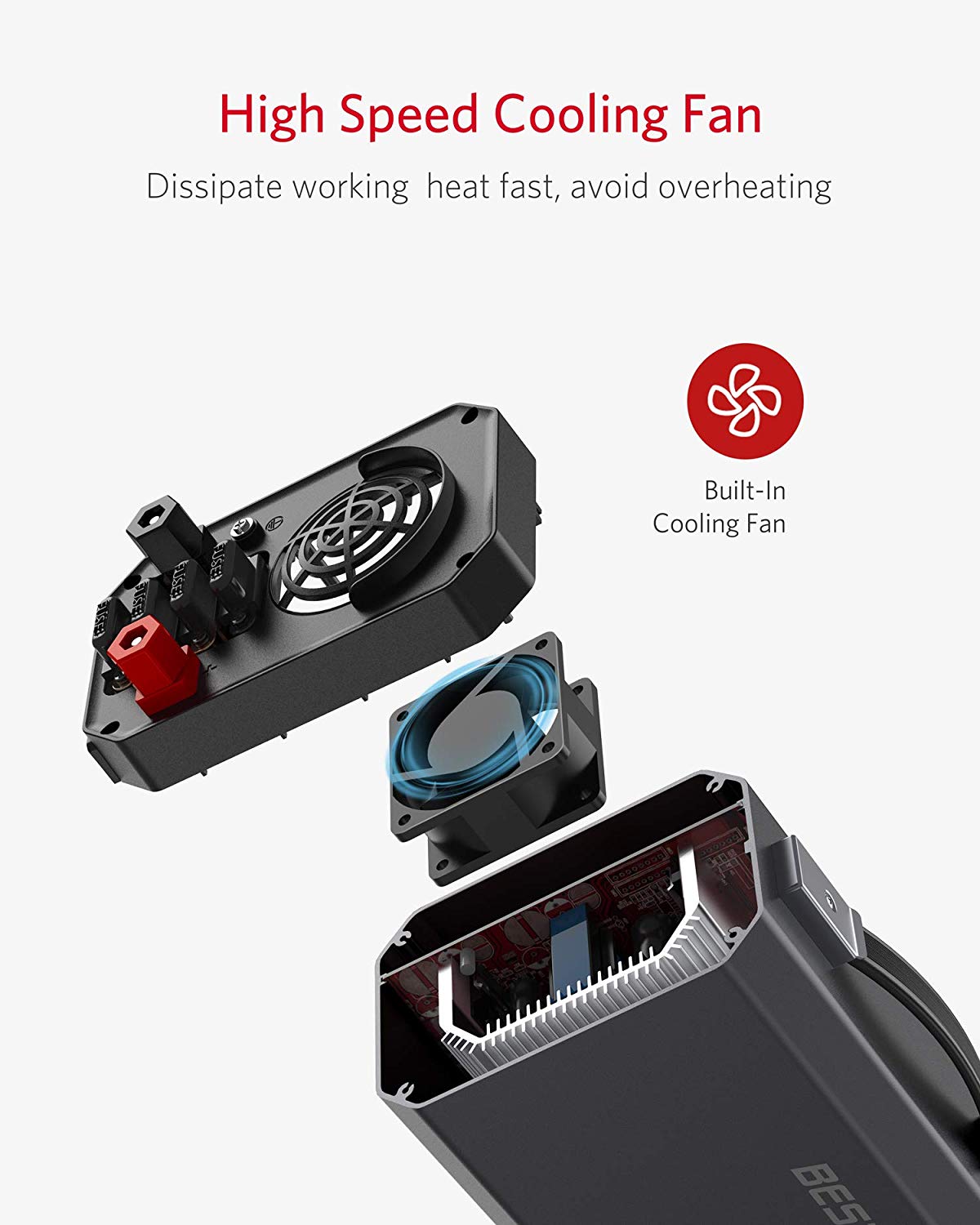 BESTEK 1200W inverter — exploded rear view of the cooling fan