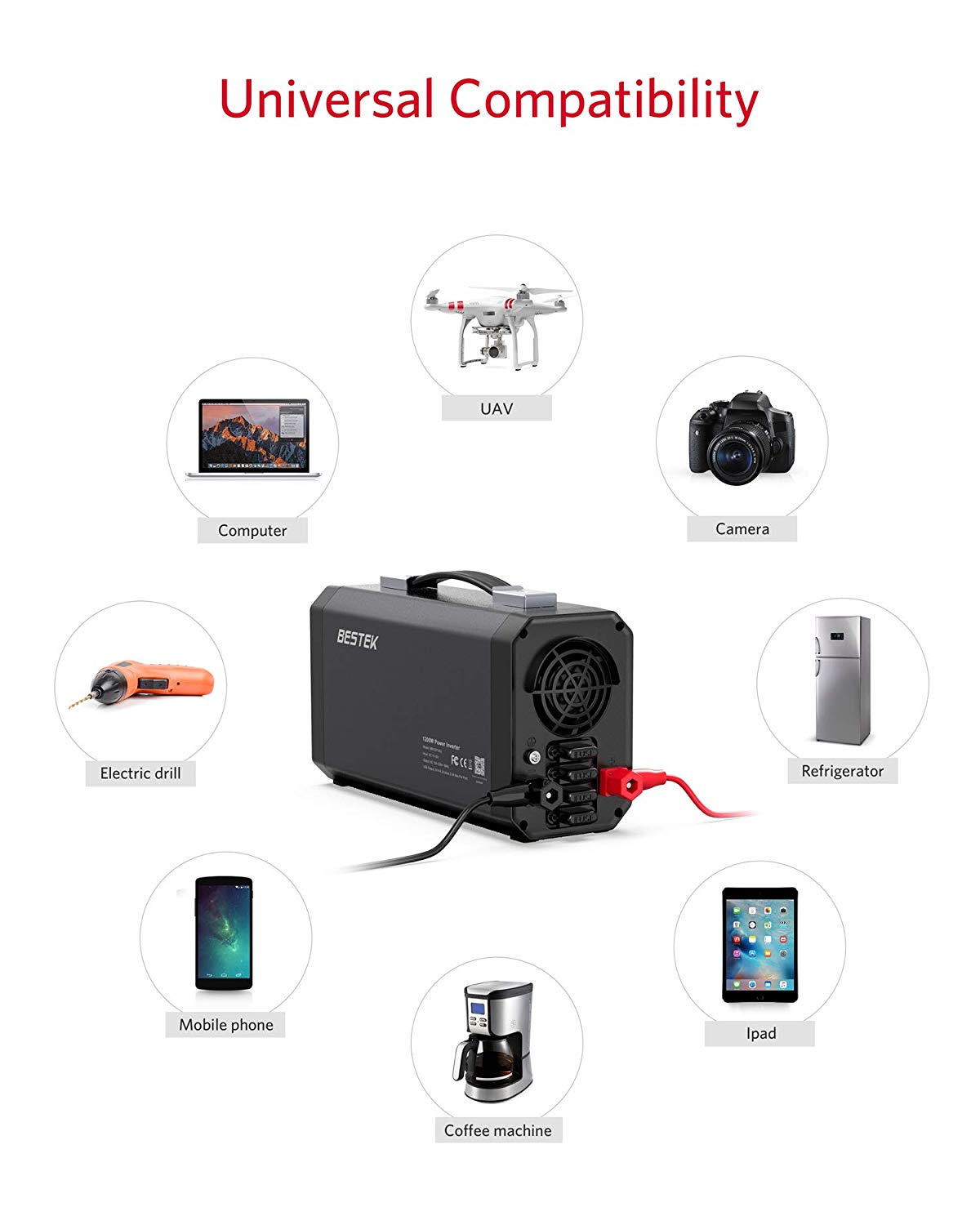 BESTEK 1200W inverter — electronic-device connection examples