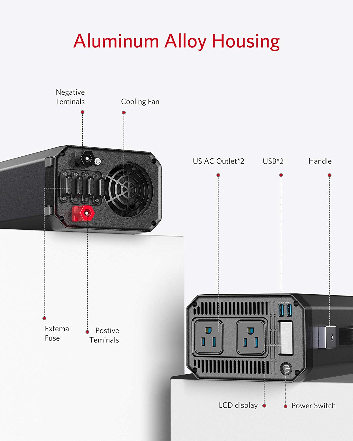 BESTEK 1200W inverter — labeled controls, handle and battery terminals