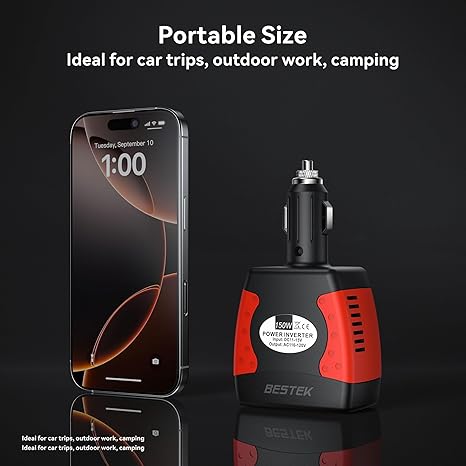 BESTEK 150W inverter — size comparison beside a phone