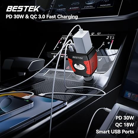 BESTEK 150W inverter — USB-C and USB-A charging in a vehicle