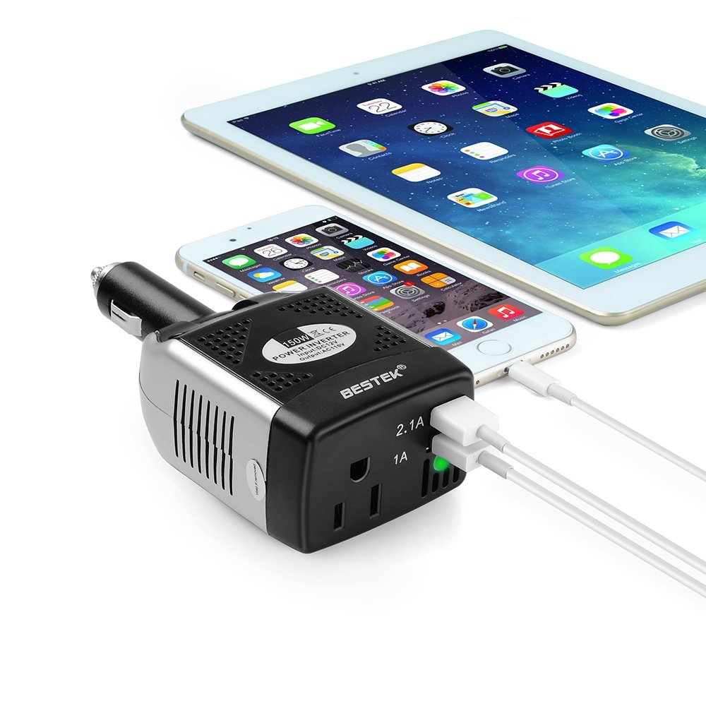 BESTEK 150W inverter — dual USB charging a phone and tablet