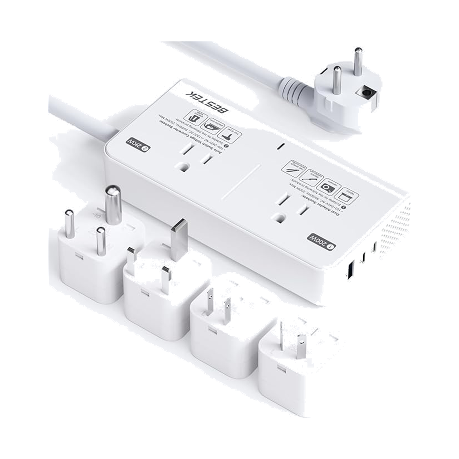 White BESTEK 2000W travel voltage converter with two AC outlets, USB ports and plug adapters