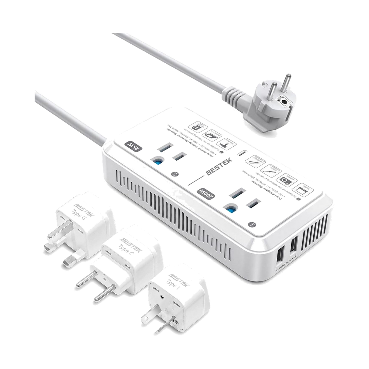 White BESTEK 2000W travel voltage converter with attached plug and adapter accessories
