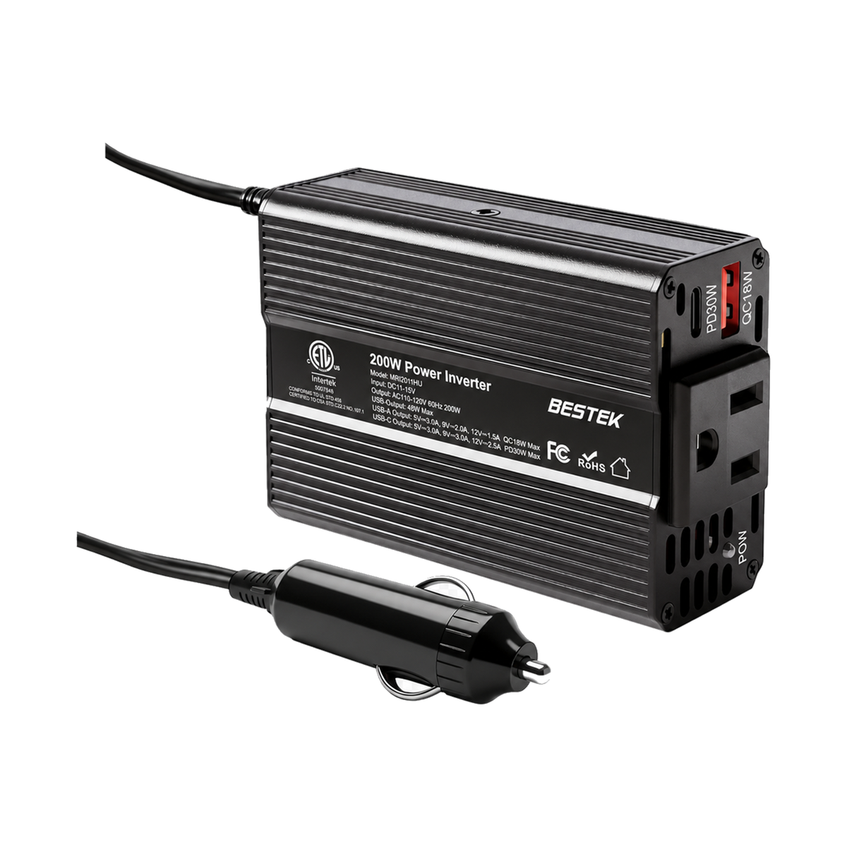 Black BESTEK 200W car inverter with two AC outlets, USB charging ports and vehicle plug