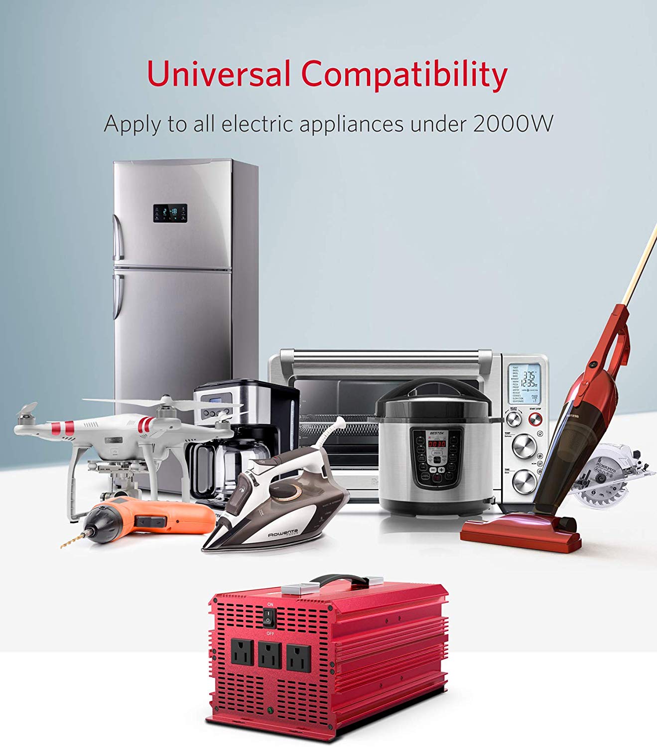 BESTEK 2000W inverter — appliance examples shown alongside the inverter