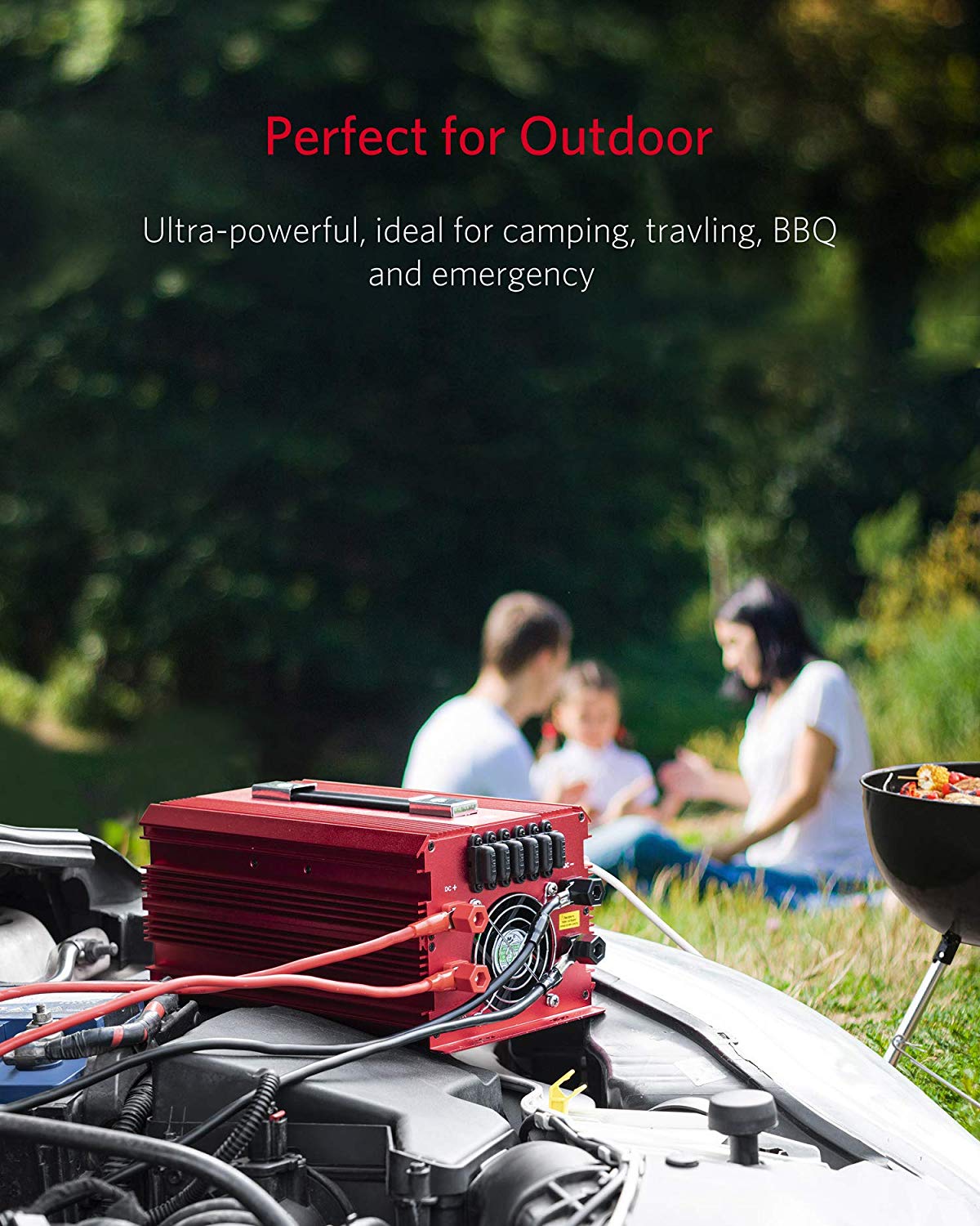 BESTEK 2000W inverter — battery-connected inverter at an outdoor campsite