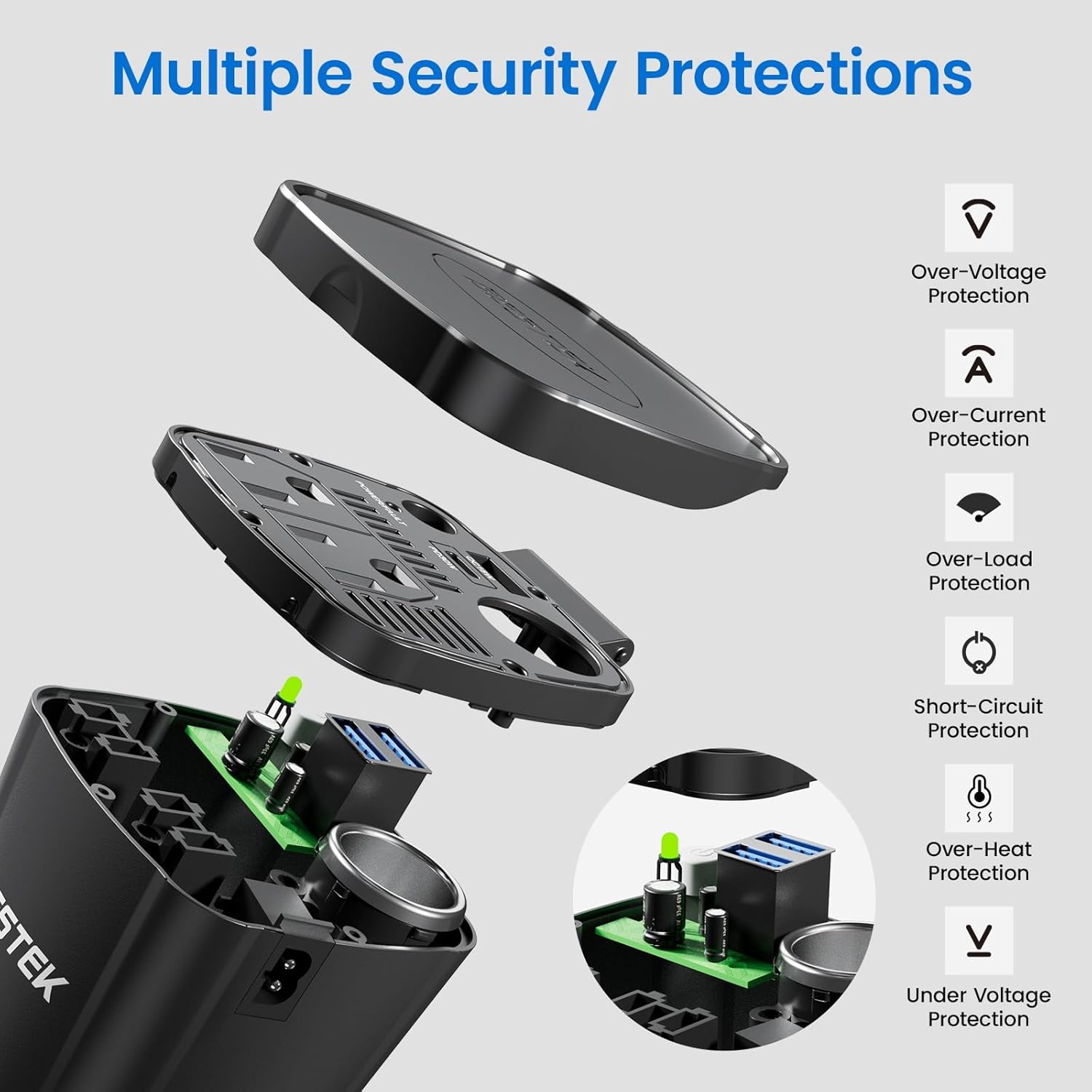 BESTEK 200W inverter — exploded view of the protection circuitry