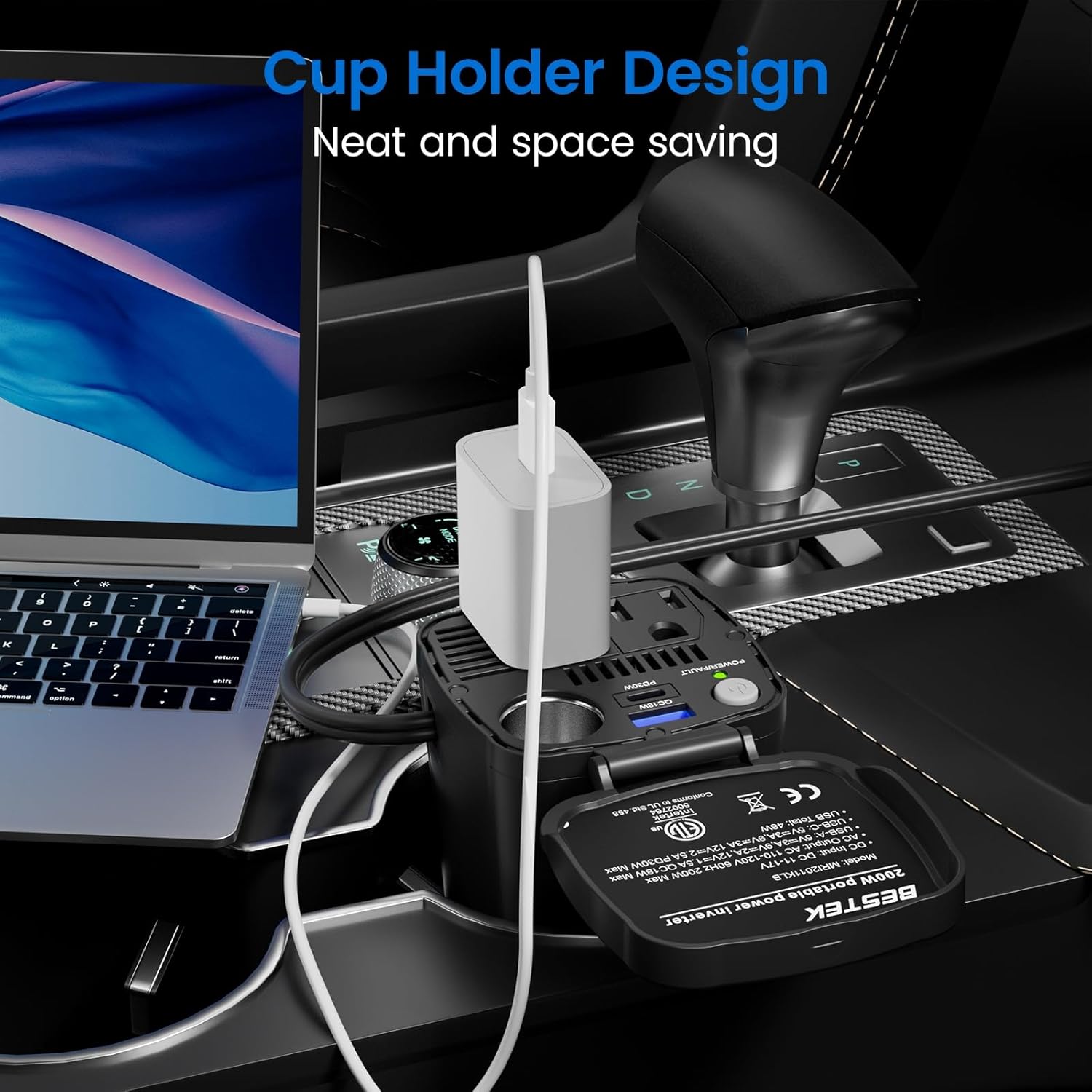 BESTEK 200W inverter — cup holder installation beside a car console