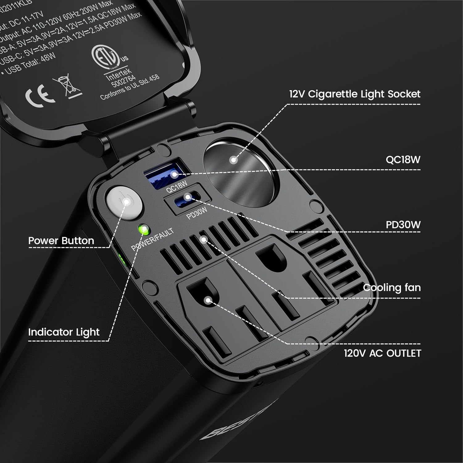 BESTEK 200W inverter — labeled outlets, USB ports, switch and fan