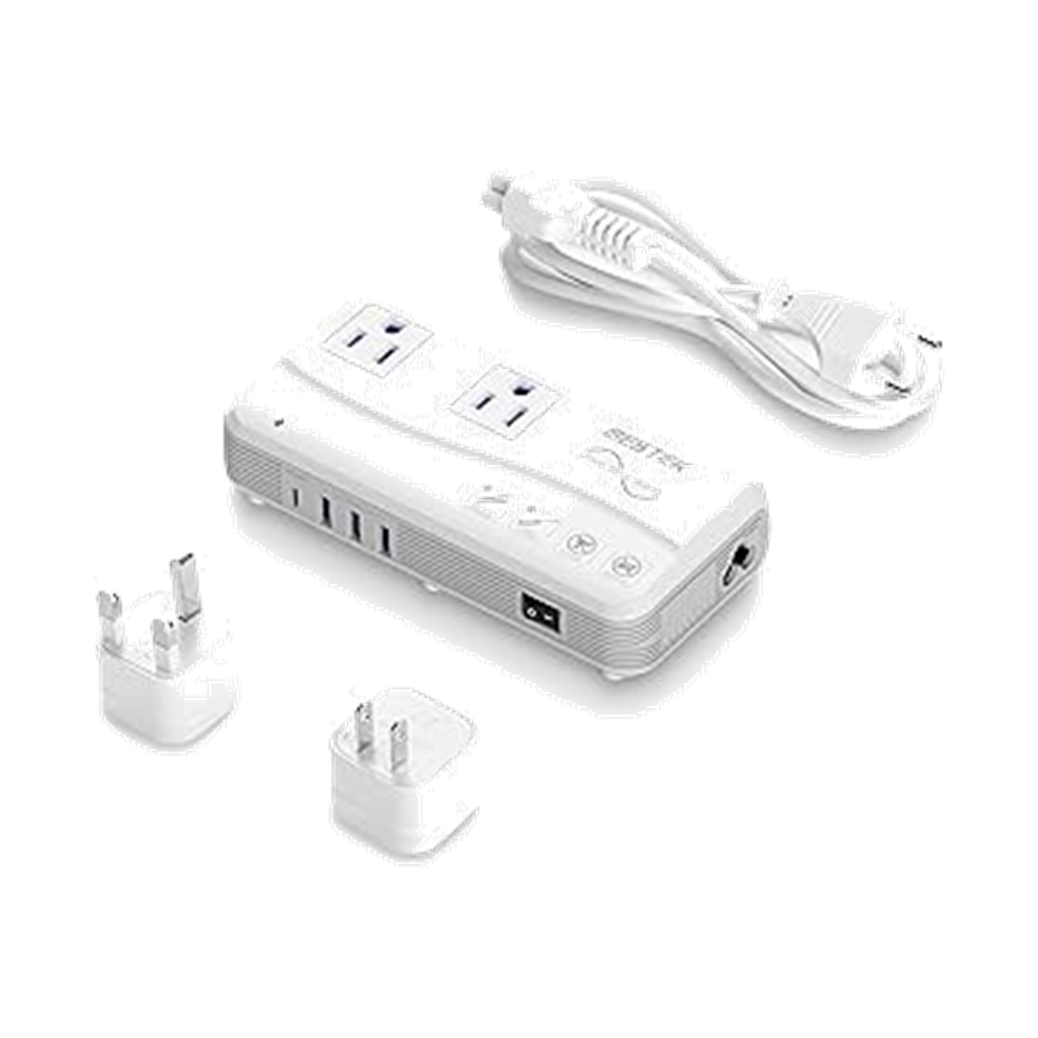 White BESTEK 200W pure sine wave travel voltage converter with cord and plug adapters