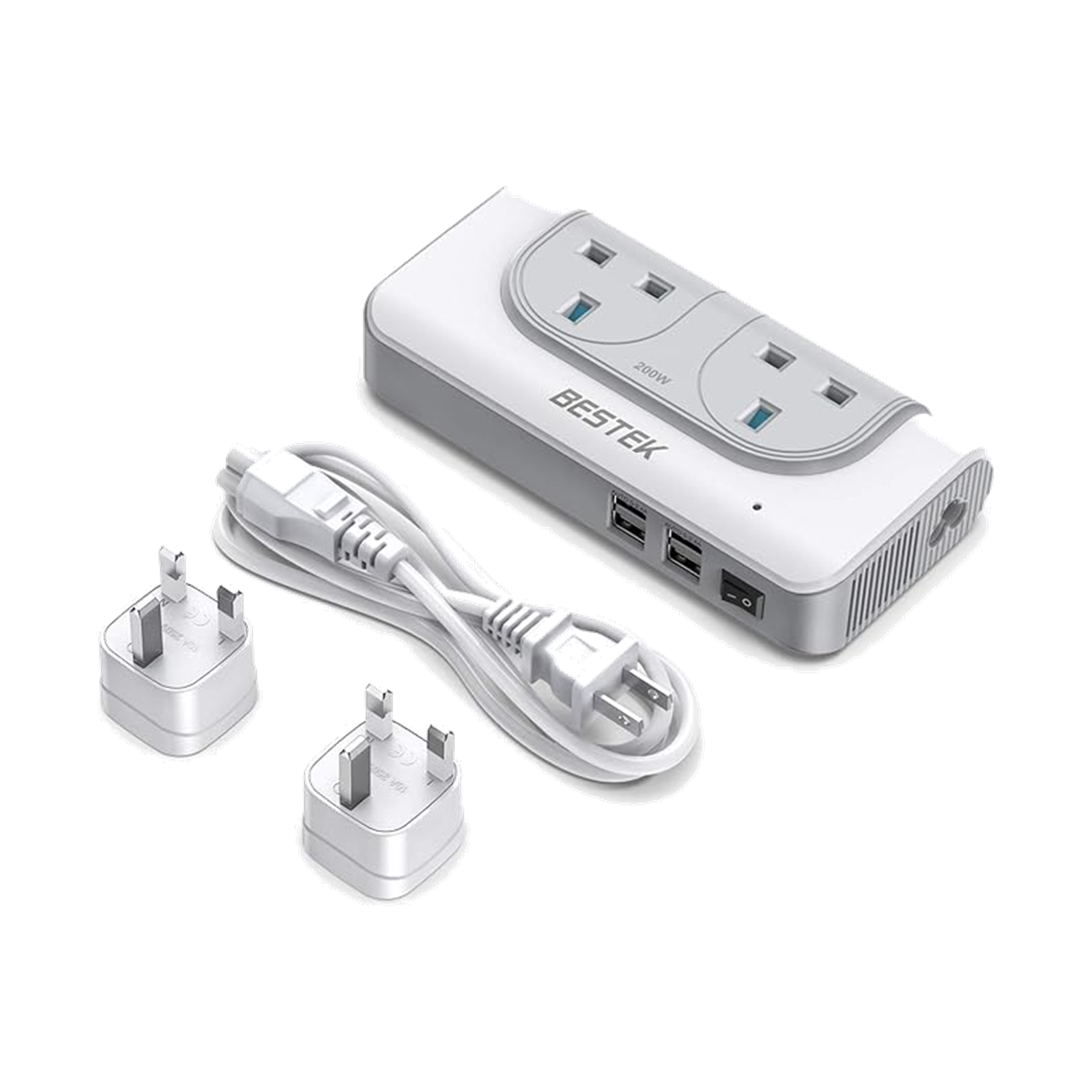 White BESTEK 200W step-up voltage converter with AC outlets, USB ports and plug adapters