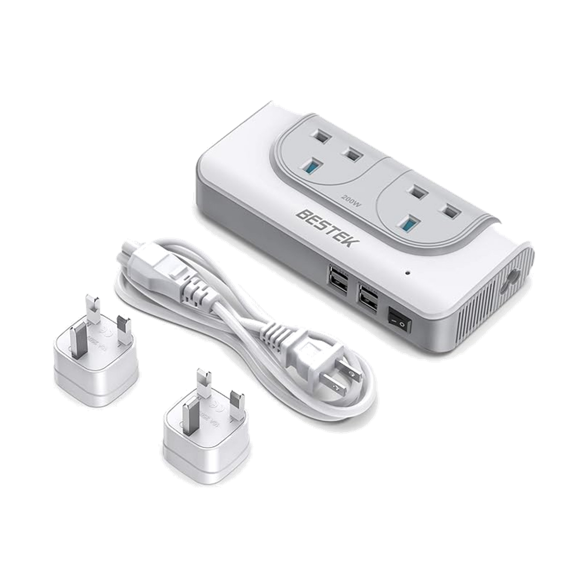 White BESTEK 200W step-up voltage converter with AC outlets, USB ports and plug adapters