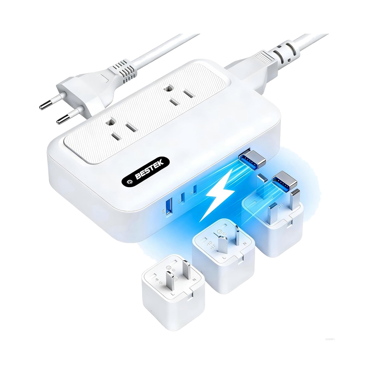 White BESTEK travel voltage converter with USB-C ports and interchangeable plug adapters