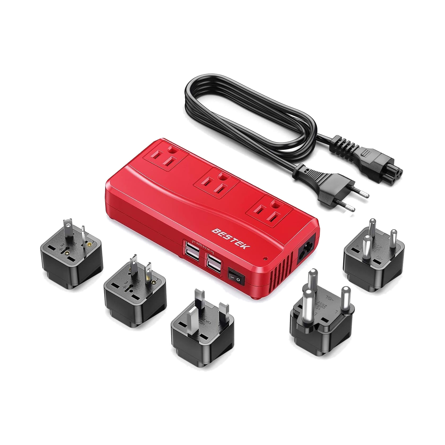 Red BESTEK 250W travel voltage converter kit with AC outlets, USB ports and plug adapters