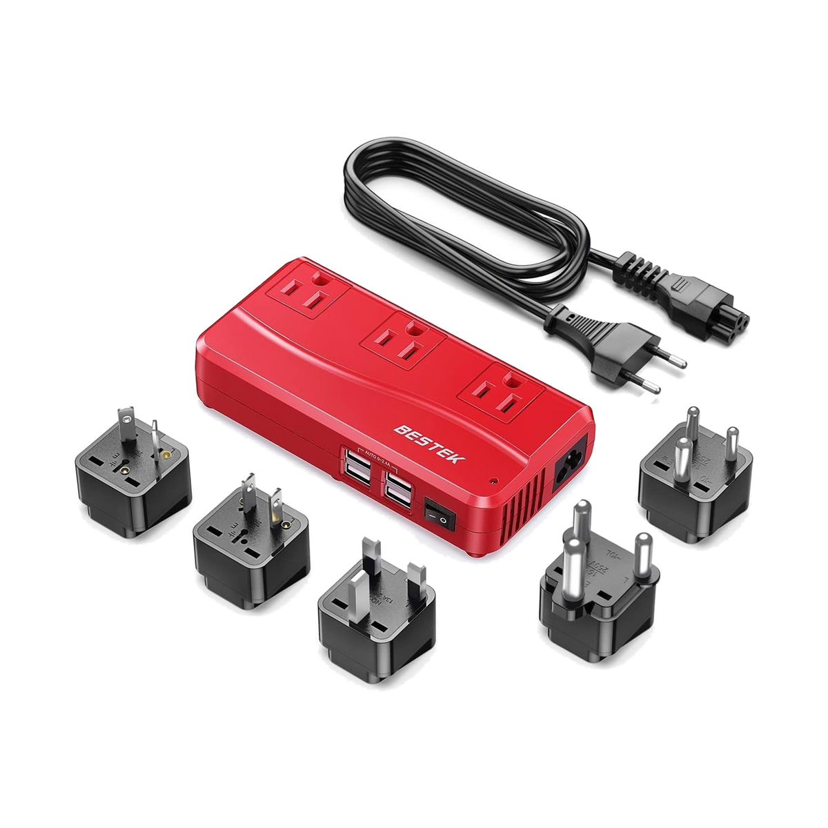 Red BESTEK 250W travel voltage converter kit with AC outlets, USB ports and plug adapters