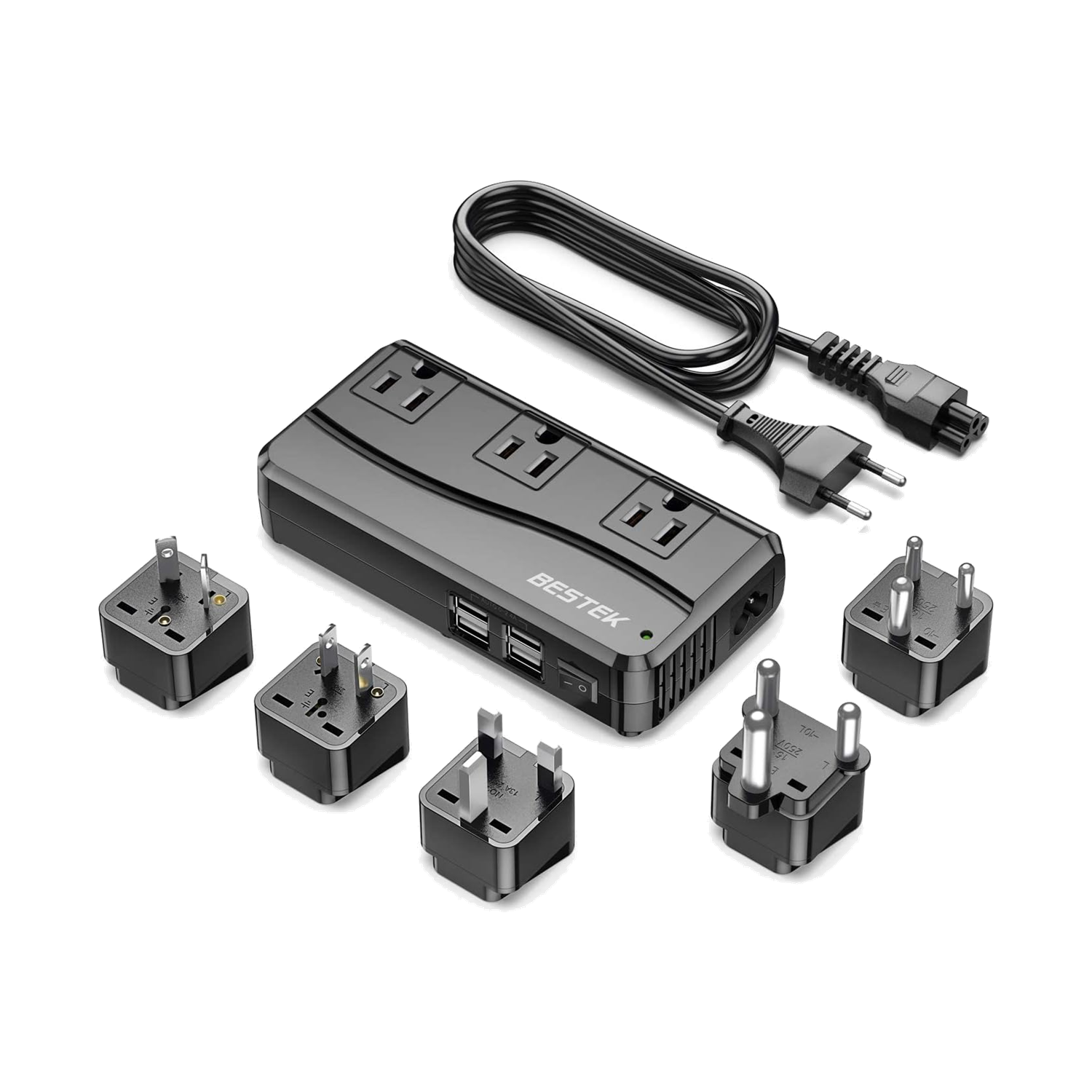 Black BESTEK 250W travel converter kit with AC outlets, USB ports, cord and five adapters