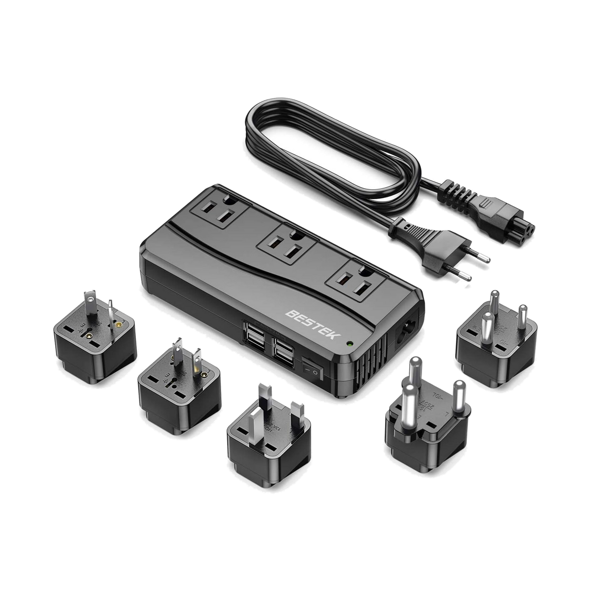 Black BESTEK 250W travel converter kit with AC outlets, USB ports, cord and five adapters