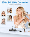 BESTEK 250W travel voltage converter — hair-styling device illustration alongside the converter