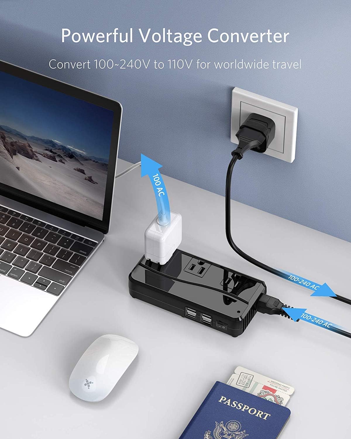 BESTEK 250W travel voltage converter — converter connected to a wall outlet