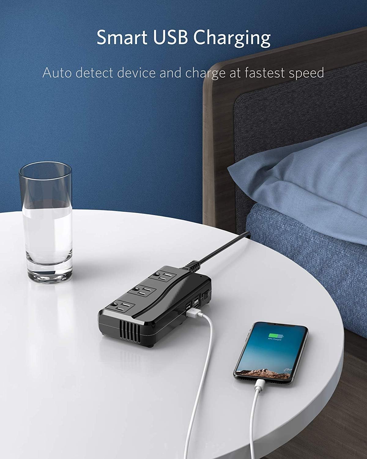 BESTEK 250W travel voltage converter — USB charging illustration on a bedside table