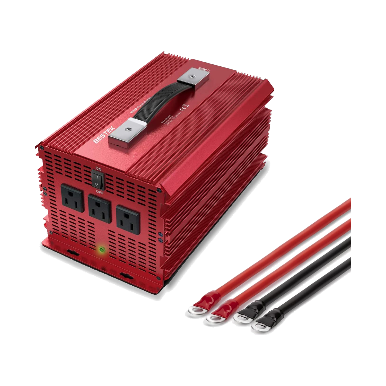 Red BESTEK 2000W inverter with three AC outlets, carrying handle and battery cables