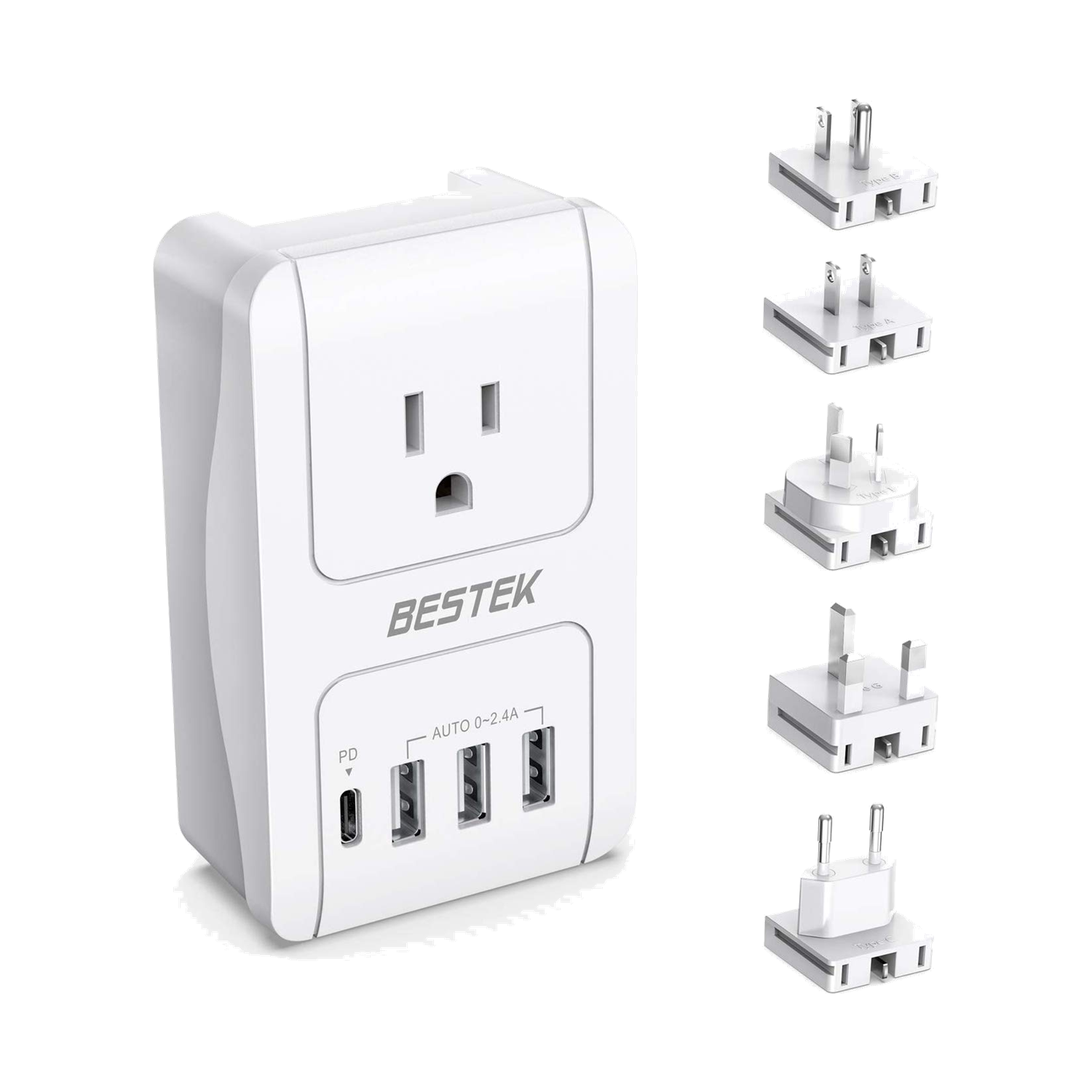 White BESTEK international travel adapter with AC outlet, USB ports and interchangeable plugs