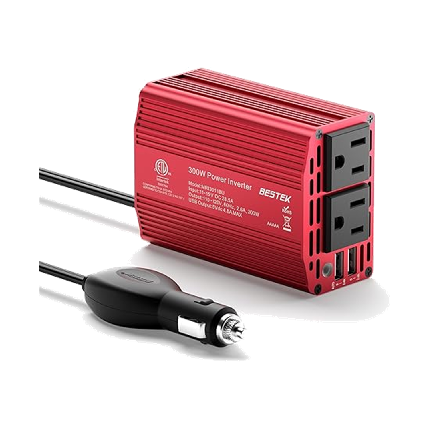 Red BESTEK 300W car inverter standing upright beside its cigarette-lighter power lead
